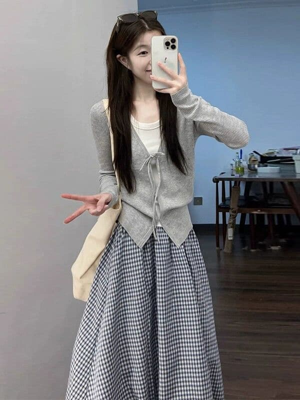 한 부서 전체 집합 ootd 착용 가져 가라. 느긋한 바람 느슨함 센스 니트 오픈 가디건 반신 스커트 투피스 슈트 가을 상세 이미지 5