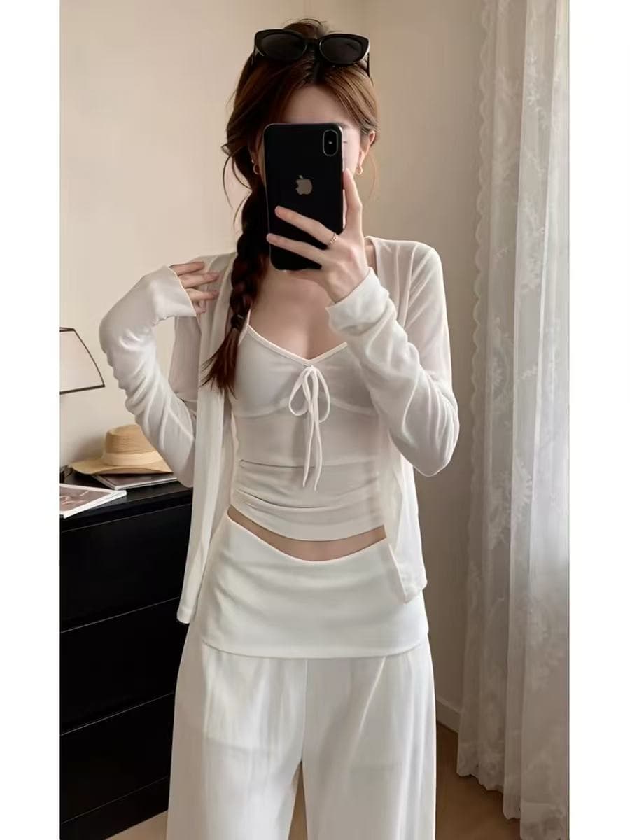 자이언트 잘 생긴 품격 전체 집합 ootd 착용 가져 가라. 새로운 화이트 맨위 여성 여름 캐주얼 바지 세 조각 세트 상세 이미지 3