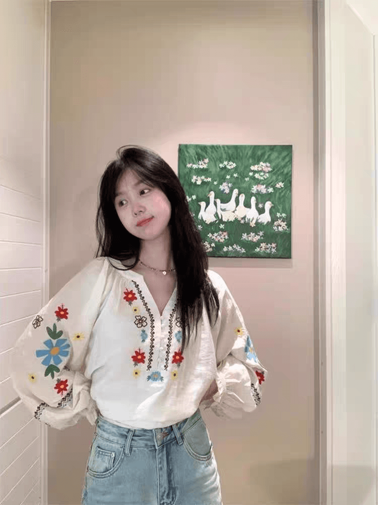 민족 스타일 무거운 작업 자수 꽃 셔츠 맨위 여성 봄 가을 얇은 스타일 휴가 느긋한 루즈핏 캐주얼 면 린넨 작은 셔츠 이미지 4