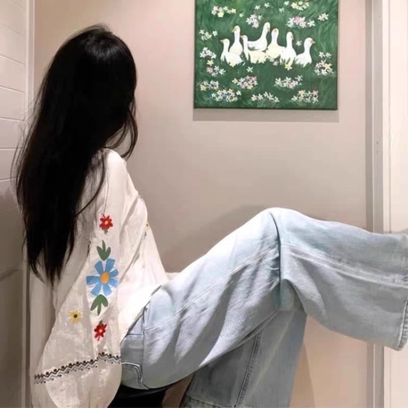 민족 스타일 무거운 작업 자수 꽃 셔츠 맨위 여성 봄 가을 얇은 스타일 휴가 느긋한 루즈핏 캐주얼 면 린넨 작은 셔츠 상세 이미지 5
