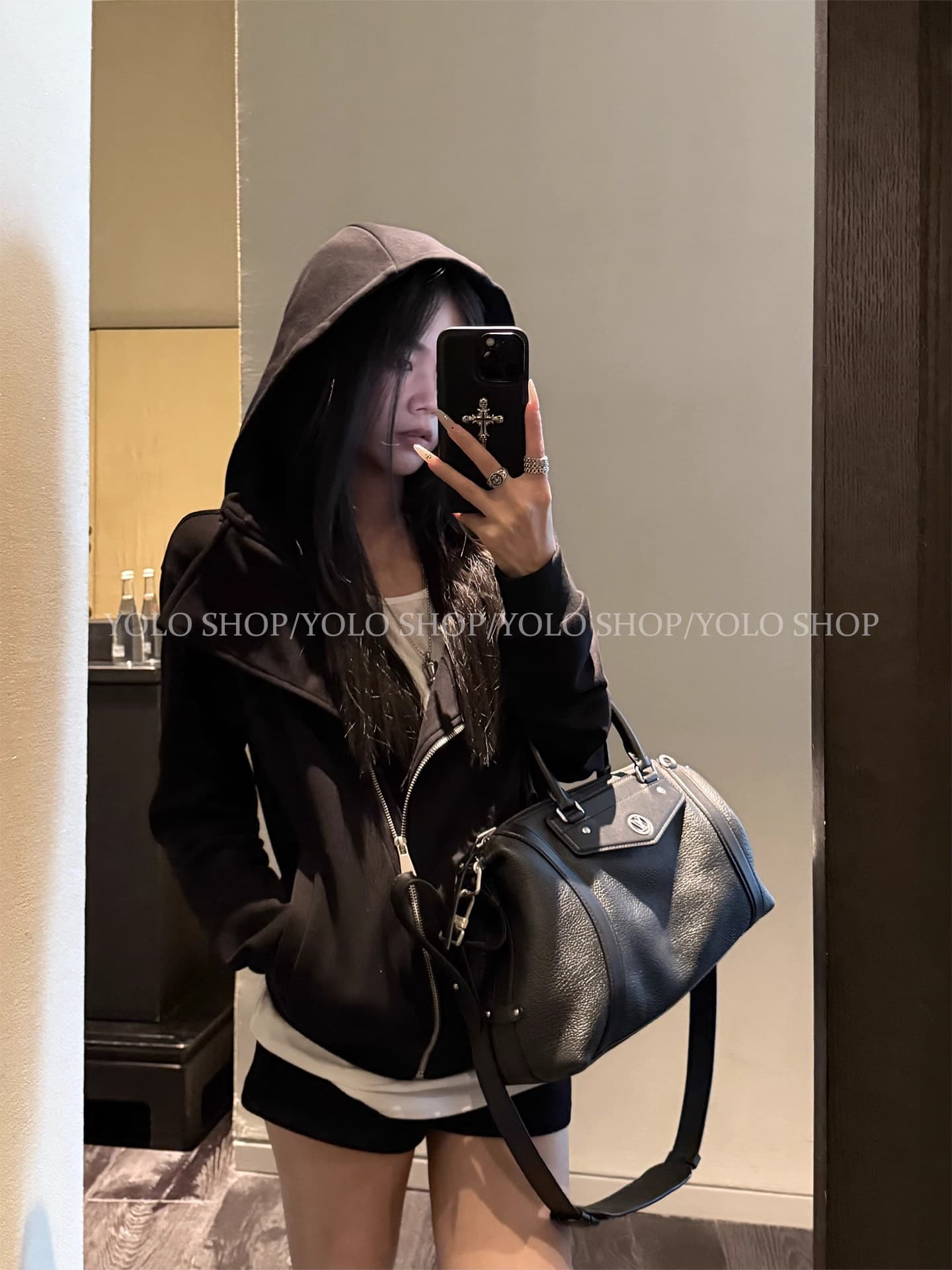yolo shop 검정색 후드 티 스웨터 여성 몸매 가꾸기 다용도 디자인 센스 폴로 칼라 아메리칸 카디건 코트 맨위 이미지 3