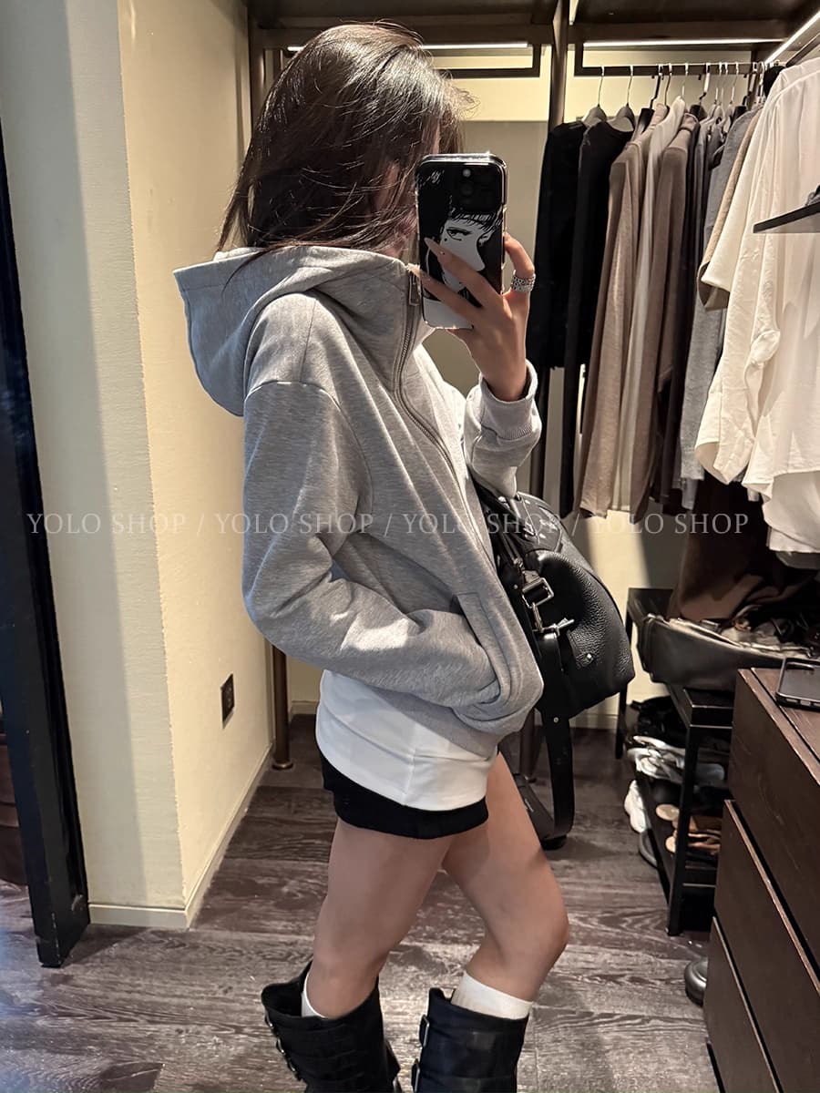 yolo shop 검정색 후드 티 스웨터 여성 몸매 가꾸기 다용도 디자인 센스 폴로 칼라 아메리칸 카디건 코트 맨위 이미지 2