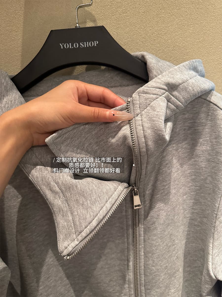 yolo shop 검정색 후드 티 스웨터 여성 몸매 가꾸기 다용도 디자인 센스 폴로 칼라 아메리칸 카디건 코트 맨위 상세 이미지 5