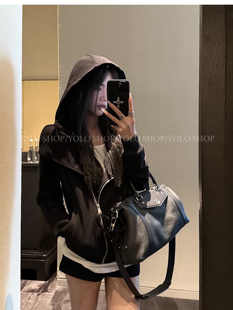 yolo shop 검정색 후드 티 스웨터 여성 몸매 가꾸기 다용도 디자인 센스 폴로 칼라 아메리칸 카디건 코트 맨위 상세 이미지 9