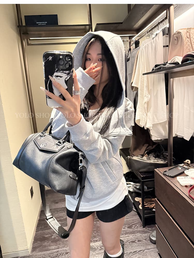 yolo shop 검정색 후드 티 스웨터 여성 몸매 가꾸기 다용도 디자인 센스 폴로 칼라 아메리칸 카디건 코트 맨위 상세 이미지 10