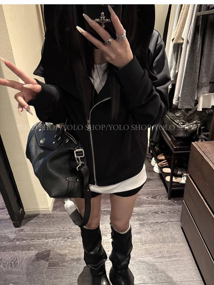 yolo shop 검정색 후드 티 스웨터 여성 몸매 가꾸기 다용도 디자인 센스 폴로 칼라 아메리칸 카디건 코트 맨위 상세 이미지 14