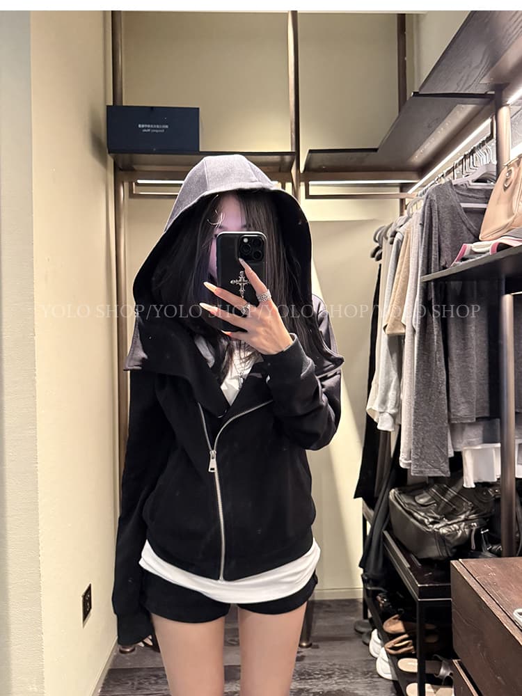 yolo shop 검정색 후드 티 스웨터 여성 몸매 가꾸기 다용도 디자인 센스 폴로 칼라 아메리칸 카디건 코트 맨위 상세 이미지 16