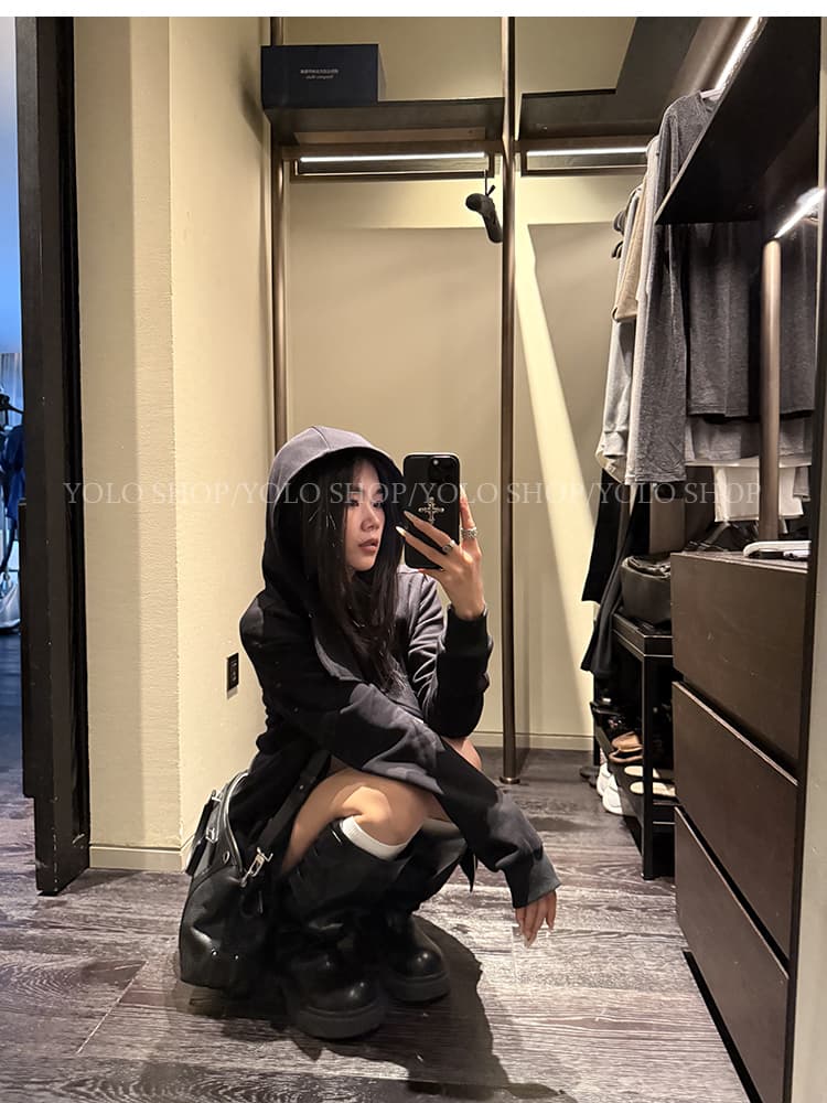 yolo shop 검정색 후드 티 스웨터 여성 몸매 가꾸기 다용도 디자인 센스 폴로 칼라 아메리칸 카디건 코트 맨위 상세 이미지 17