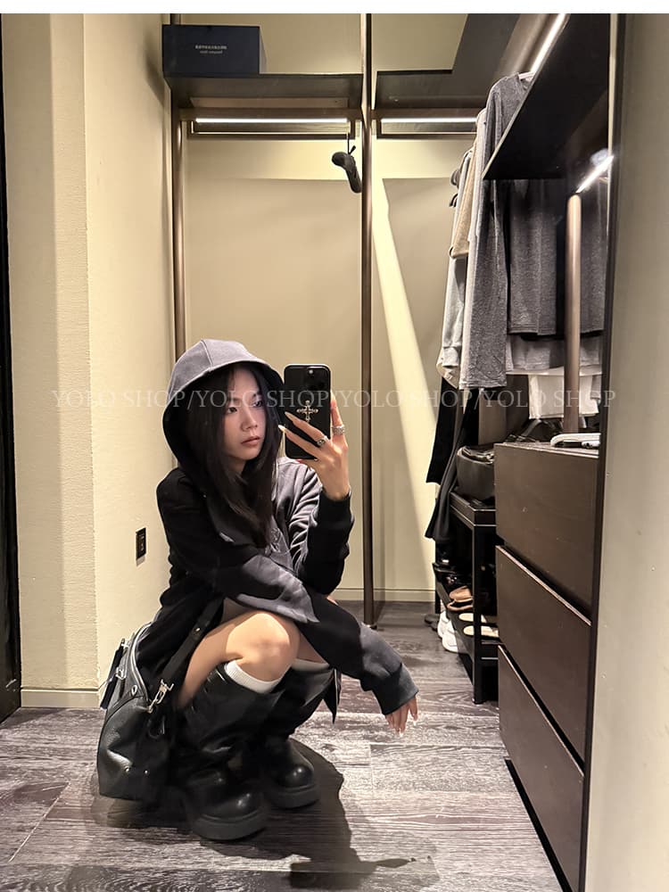 yolo shop 검정색 후드 티 스웨터 여성 몸매 가꾸기 다용도 디자인 센스 폴로 칼라 아메리칸 카디건 코트 맨위 상세 이미지 18