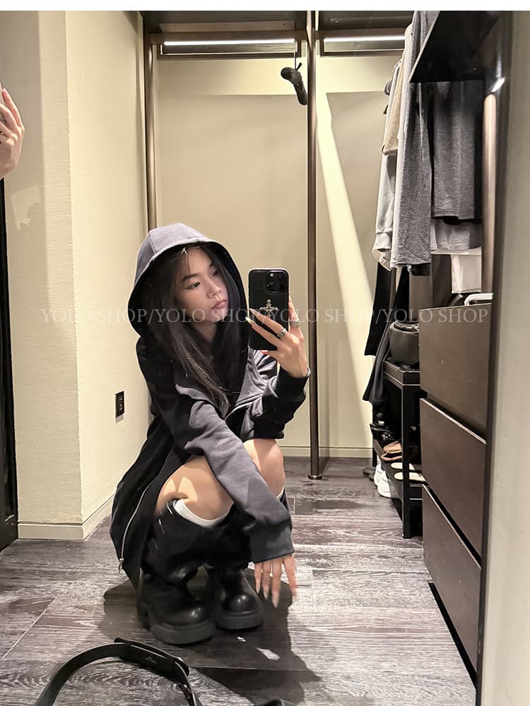 yolo shop 검정색 후드 티 스웨터 여성 몸매 가꾸기 다용도 디자인 센스 폴로 칼라 아메리칸 카디건 코트 맨위 상세 이미지 20