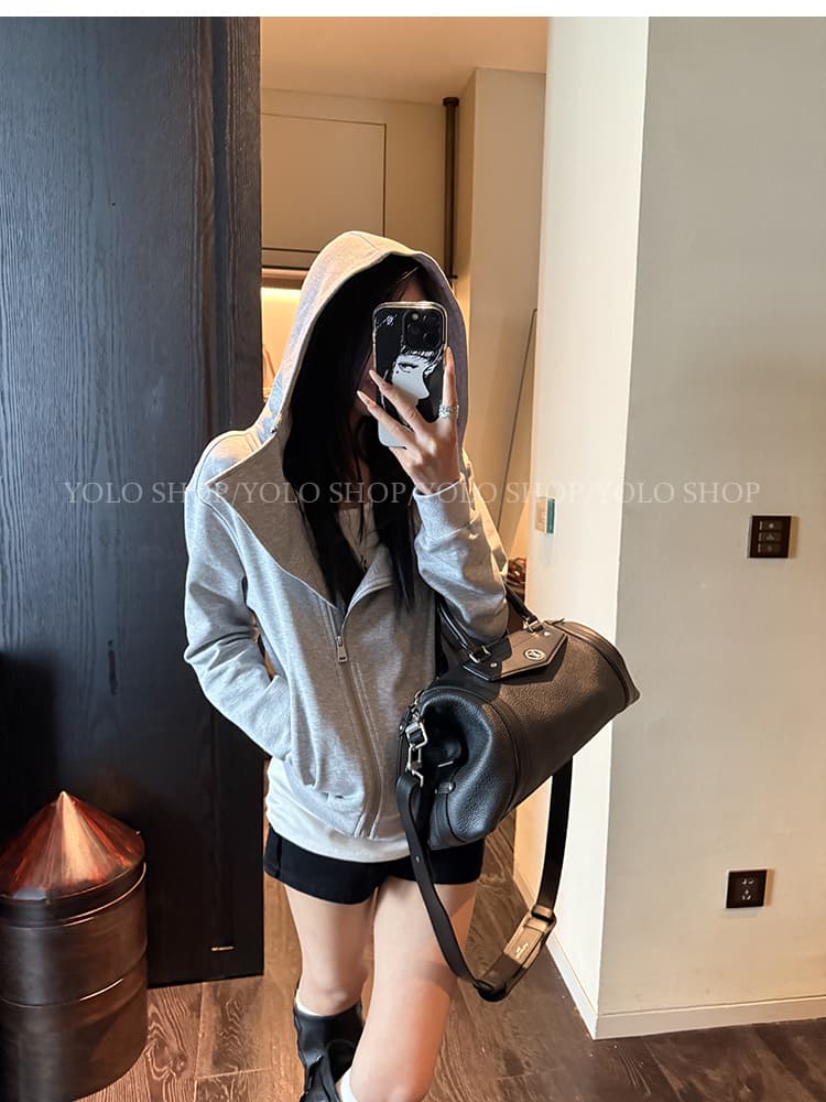 yolo shop 검정색 후드 티 스웨터 여성 몸매 가꾸기 다용도 디자인 센스 폴로 칼라 아메리칸 카디건 코트 맨위 상세 이미지 21