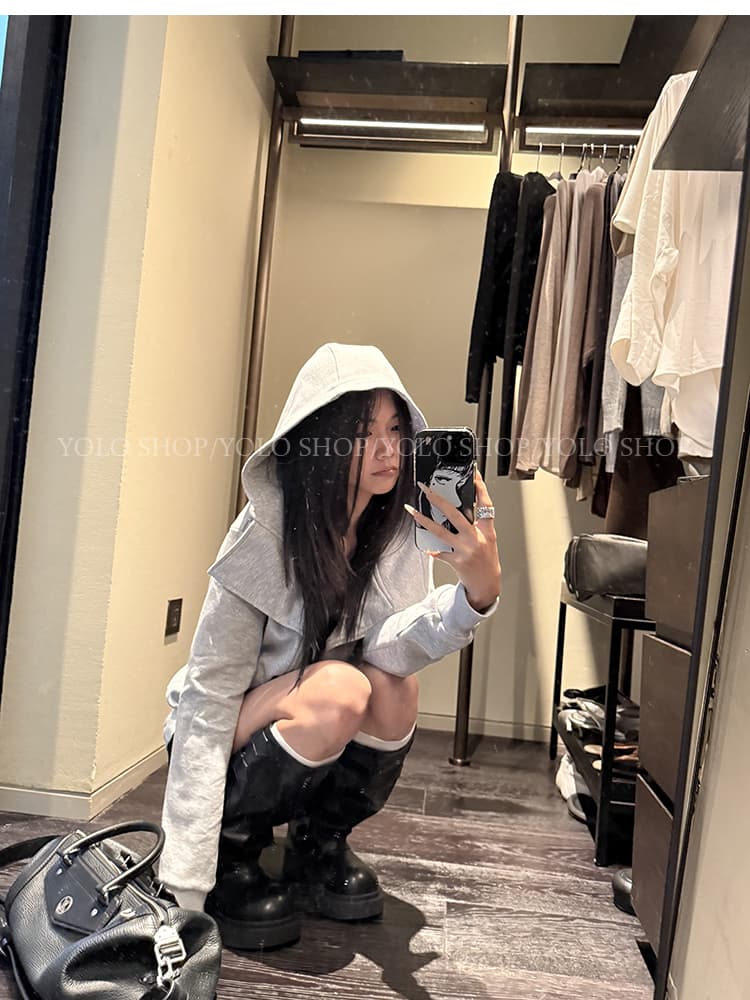 yolo shop 검정색 후드 티 스웨터 여성 몸매 가꾸기 다용도 디자인 센스 폴로 칼라 아메리칸 카디건 코트 맨위 상세 이미지 24