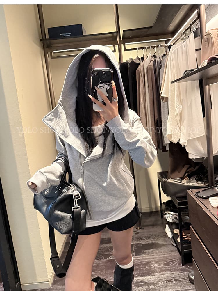 yolo shop 검정색 후드 티 스웨터 여성 몸매 가꾸기 다용도 디자인 센스 폴로 칼라 아메리칸 카디건 코트 맨위 상세 이미지 25