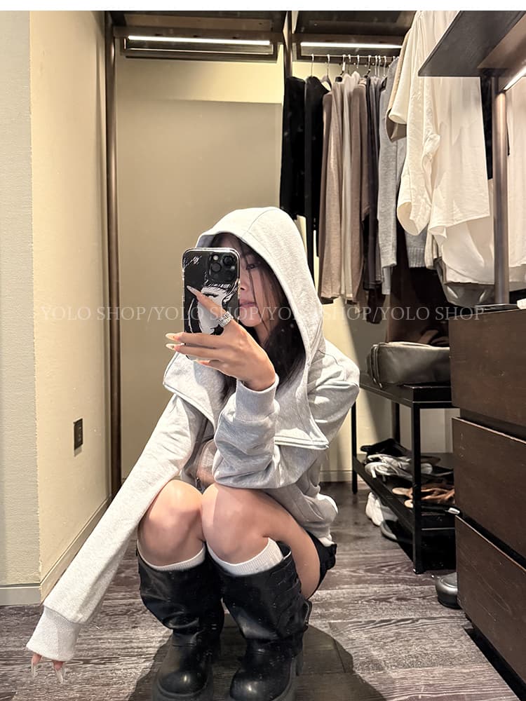 yolo shop 검정색 후드 티 스웨터 여성 몸매 가꾸기 다용도 디자인 센스 폴로 칼라 아메리칸 카디건 코트 맨위 상세 이미지 26