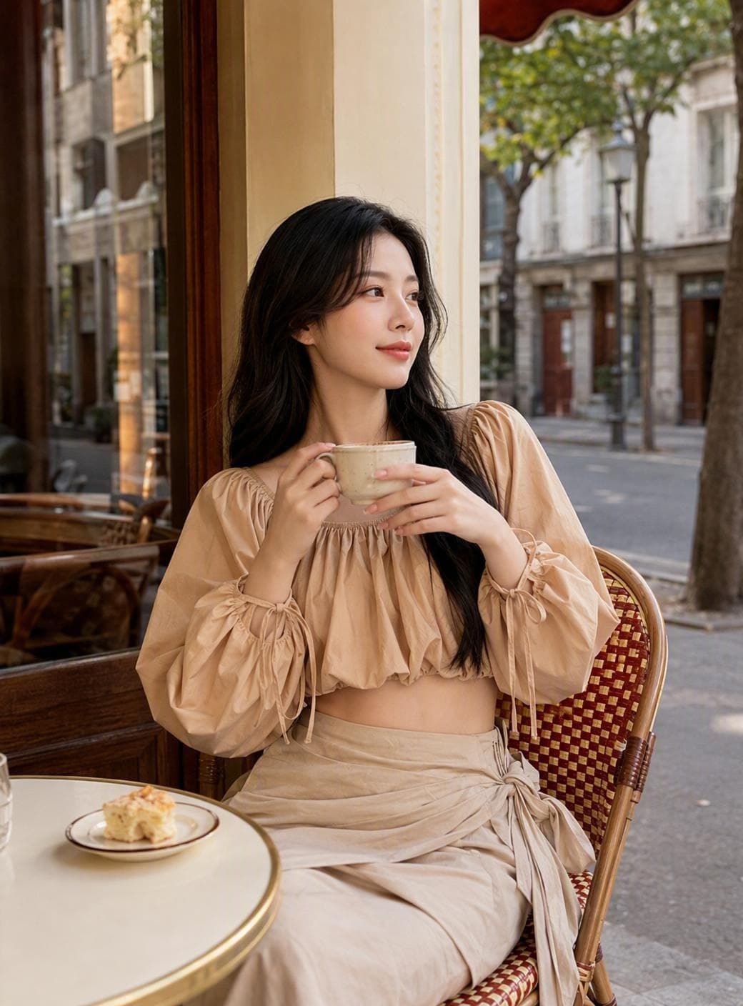 2026 년 가을 새로운 따뜻한 조정 보트넥 이슬 허리 거품 소매 쇼트 스타일 펌프 로프 맨위 여성 상세 이미지 1