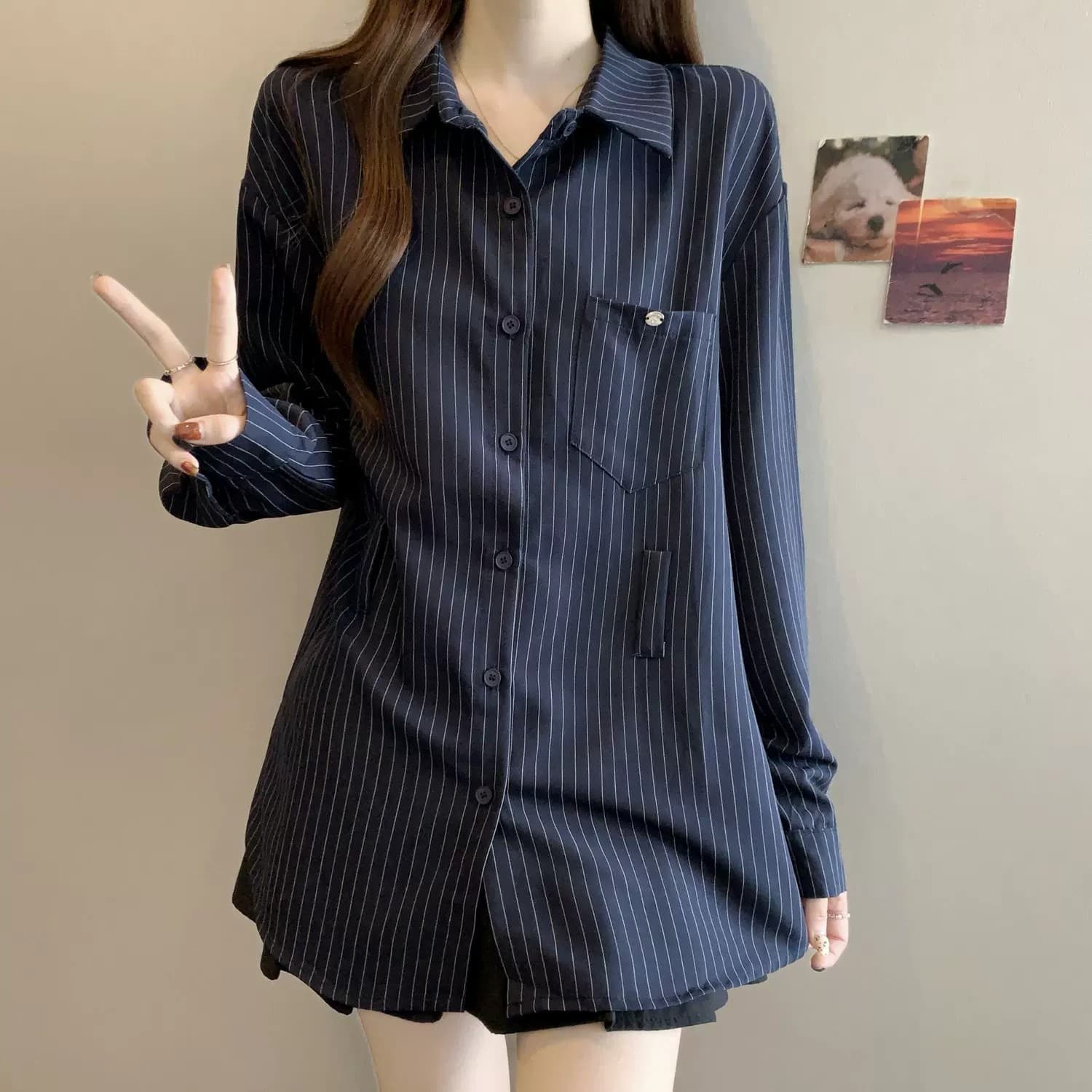 레트로 스트라이프 POLO 칼라 긴팔 여성 셔츠 봄 가을 2026 빅 사이즈 지방 mm 슬림해 보이는 표지 배 레이스업 허리 수축 맨위 이미지 2