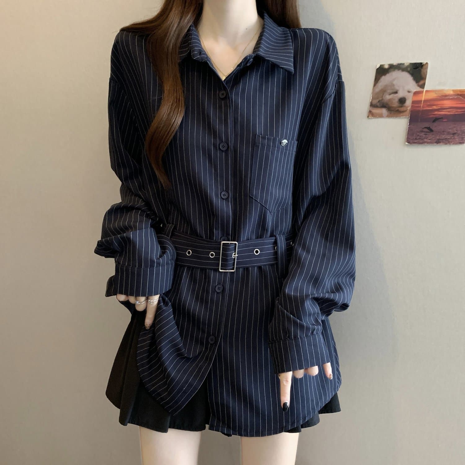 레트로 스트라이프 POLO 칼라 긴팔 여성 셔츠 봄 가을 2026 빅 사이즈 지방 mm 슬림해 보이는 표지 배 레이스업 허리 수축 맨위 상세 이미지 2