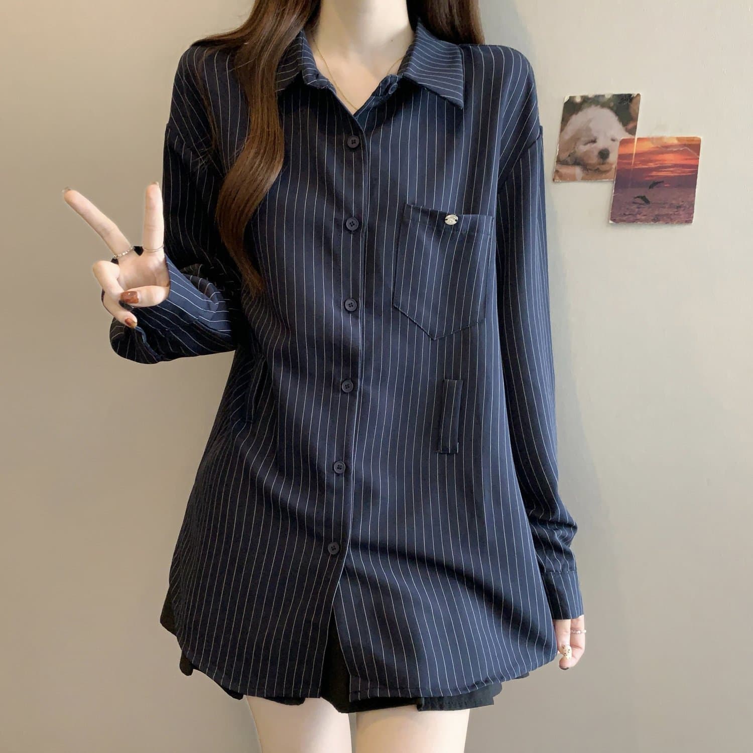 레트로 스트라이프 POLO 칼라 긴팔 여성 셔츠 봄 가을 2026 빅 사이즈 지방 mm 슬림해 보이는 표지 배 레이스업 허리 수축 맨위 상세 이미지 3