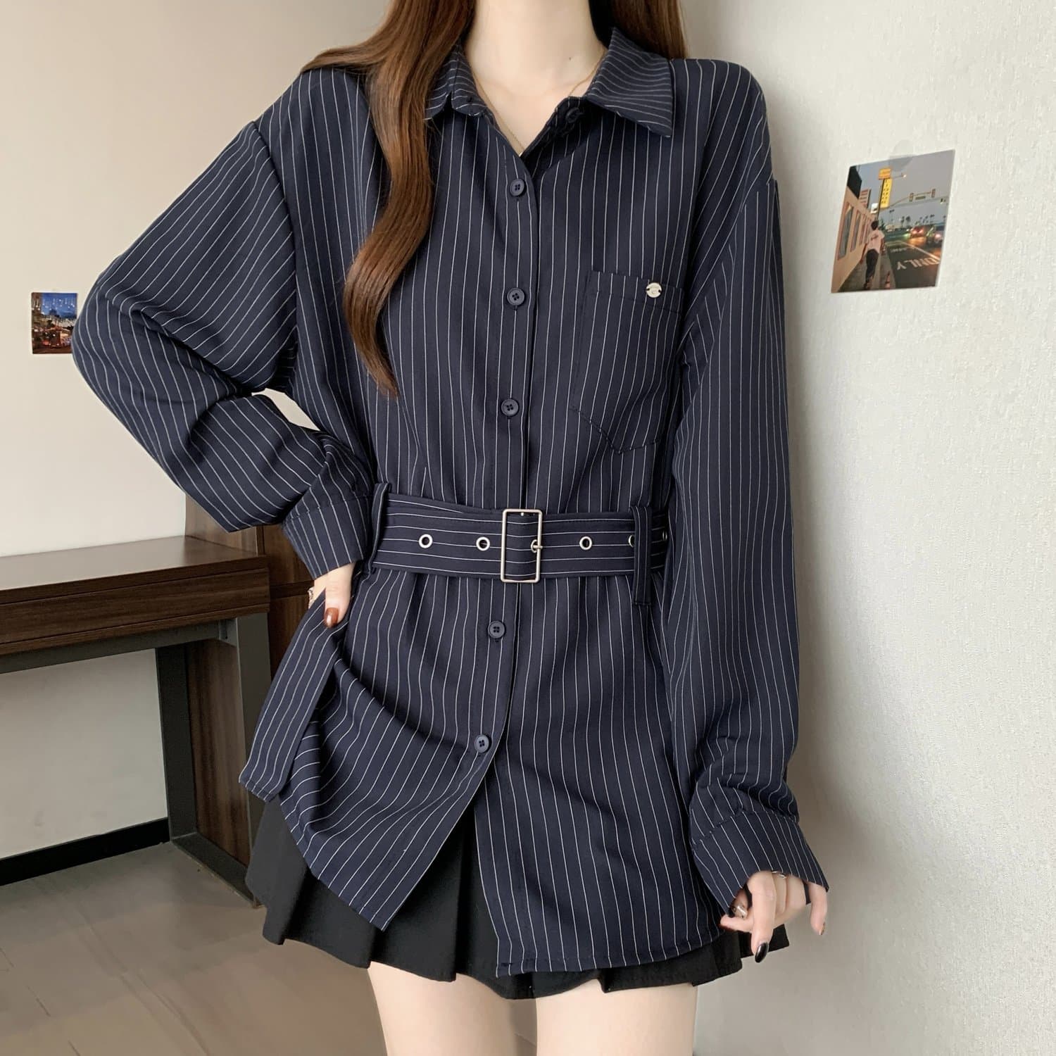 레트로 스트라이프 POLO 칼라 긴팔 여성 셔츠 봄 가을 2026 빅 사이즈 지방 mm 슬림해 보이는 표지 배 레이스업 허리 수축 맨위 상세 이미지 4