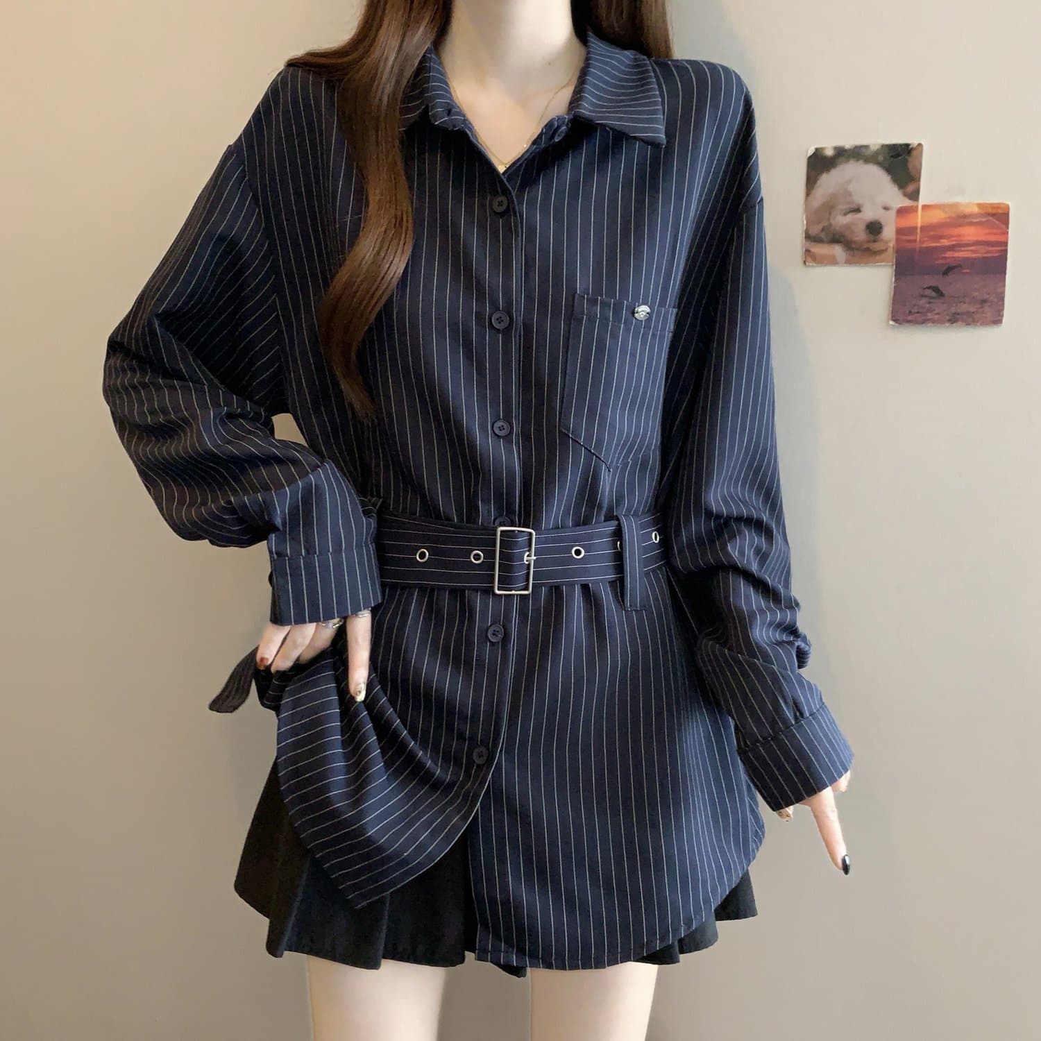레트로 스트라이프 POLO 칼라 긴팔 여성 셔츠 봄 가을 2026 빅 사이즈 지방 mm 슬림해 보이는 표지 배 레이스업 허리 수축 맨위 상세 이미지 5