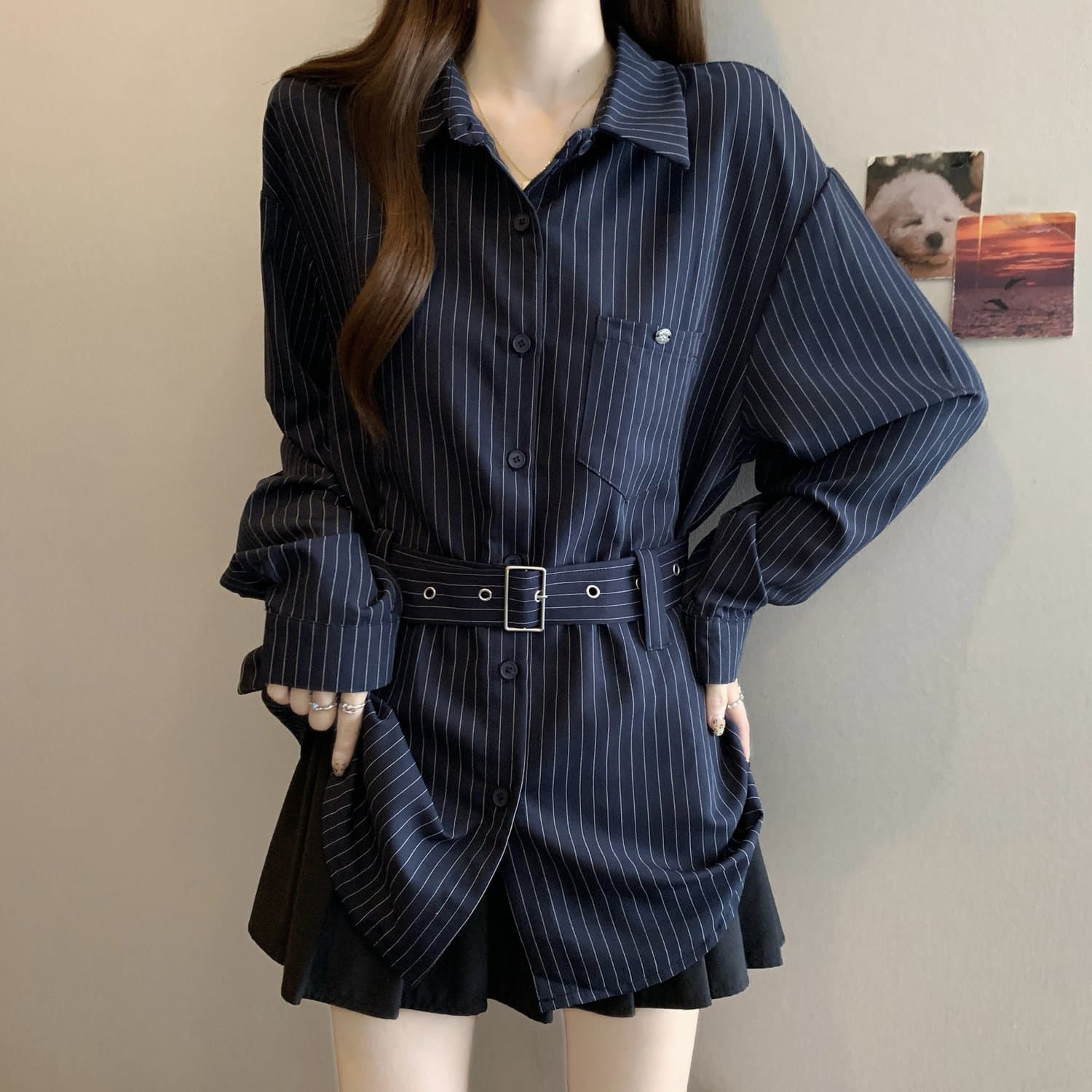 레트로 스트라이프 POLO 칼라 긴팔 여성 셔츠 봄 가을 2026 빅 사이즈 지방 mm 슬림해 보이는 표지 배 레이스업 허리 수축 맨위 상세 이미지 6