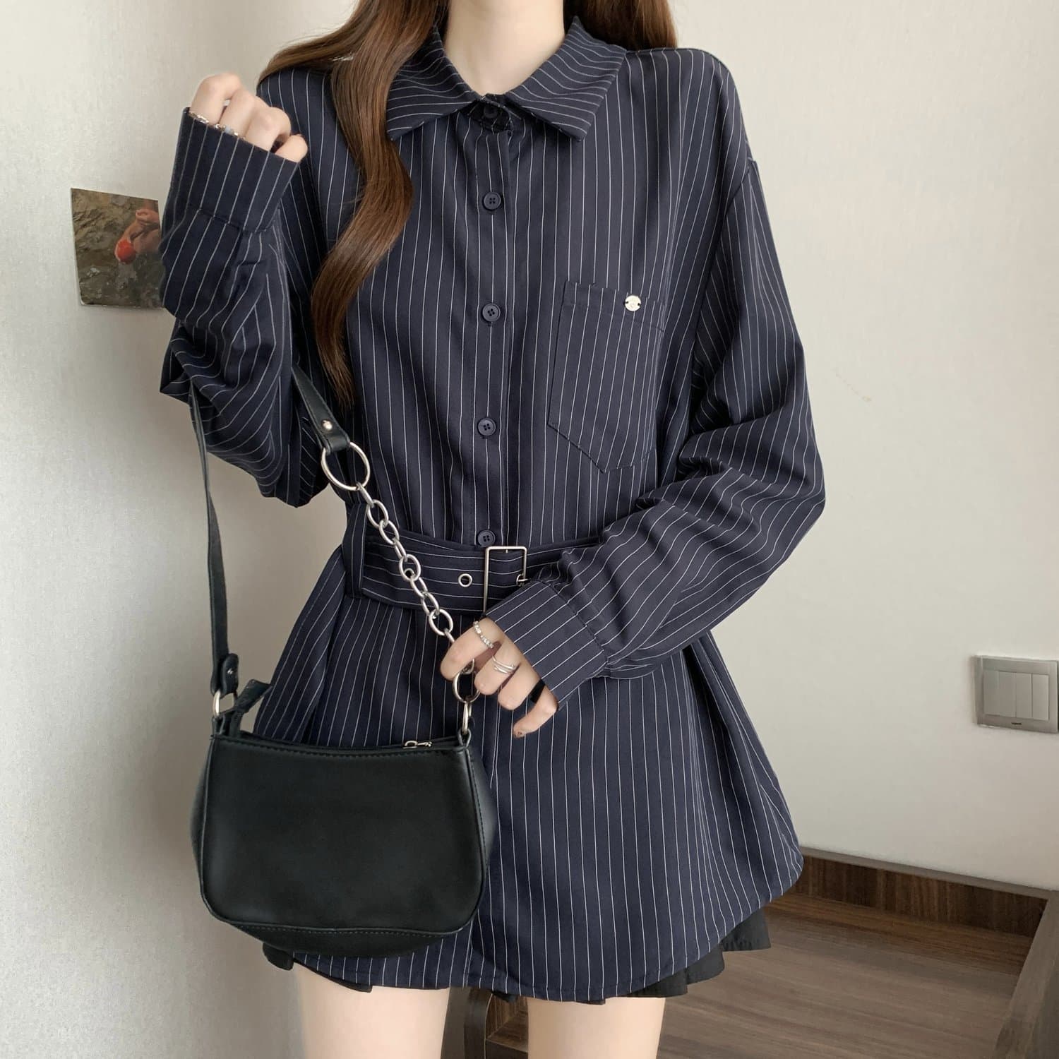 레트로 스트라이프 POLO 칼라 긴팔 여성 셔츠 봄 가을 2026 빅 사이즈 지방 mm 슬림해 보이는 표지 배 레이스업 허리 수축 맨위 상세 이미지 7
