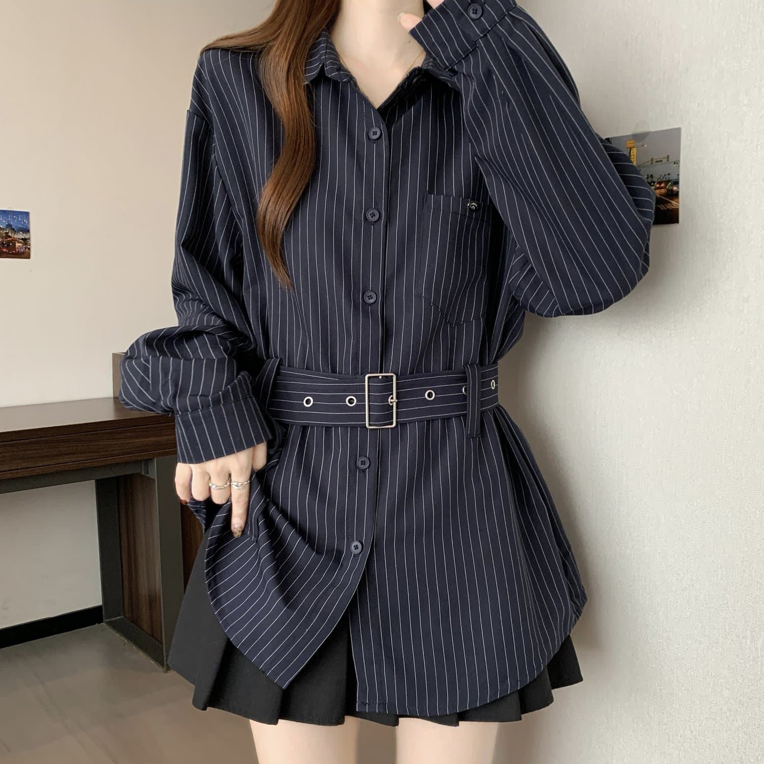 레트로 스트라이프 POLO 칼라 긴팔 여성 셔츠 봄 가을 2026 빅 사이즈 지방 mm 슬림해 보이는 표지 배 레이스업 허리 수축 맨위 상세 이미지 9