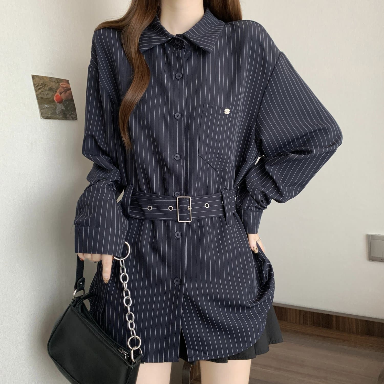 레트로 스트라이프 POLO 칼라 긴팔 여성 셔츠 봄 가을 2026 빅 사이즈 지방 mm 슬림해 보이는 표지 배 레이스업 허리 수축 맨위 상세 이미지 11