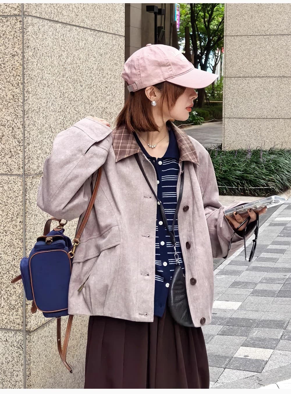 흰 그림 작업장 아빠 스토우 사서함 바 En 바람 체크무늬 배색 칼라 가을 워크웨어 재킷 짧은 외투