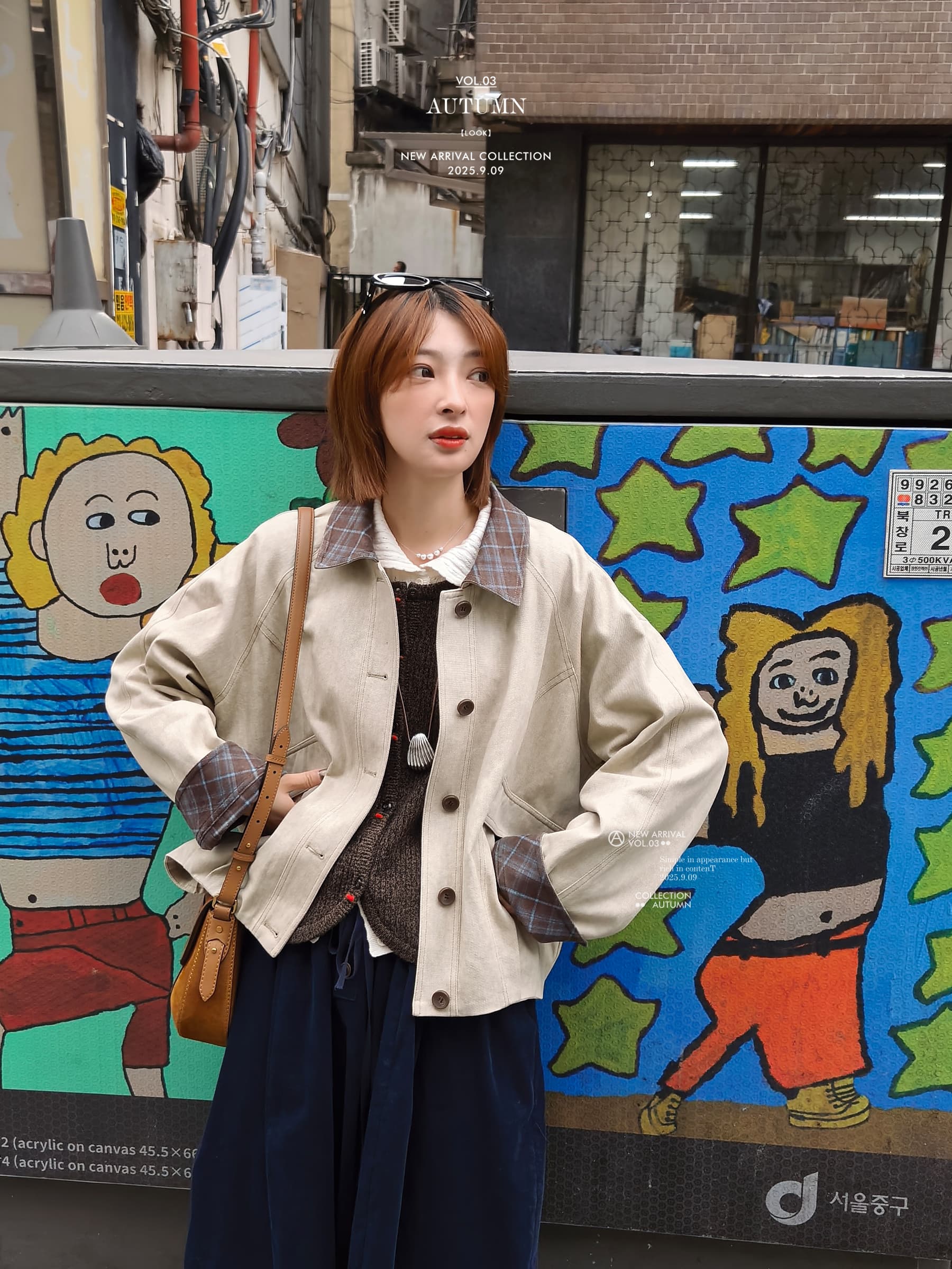 흰 그림 작업장 아빠 스토우 사서함 바 En 바람 체크무늬 배색 칼라 가을 워크웨어 재킷 짧은 외투 이미지 3
