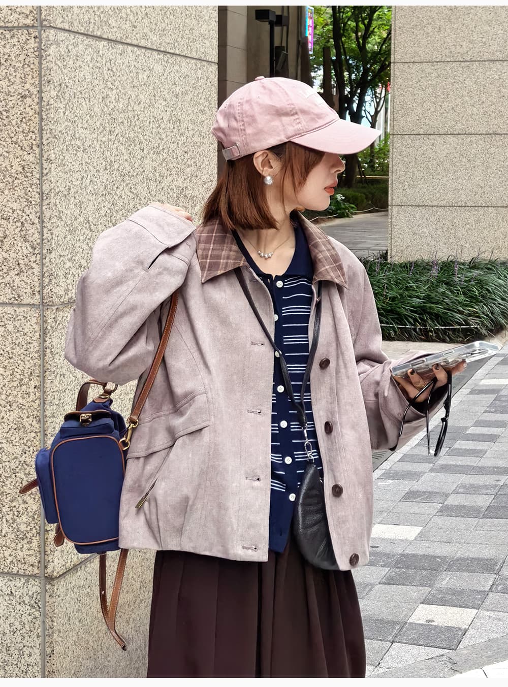 흰 그림 작업장 아빠 스토우 사서함 바 En 바람 체크무늬 배색 칼라 가을 워크웨어 재킷 짧은 외투 상세 이미지 4