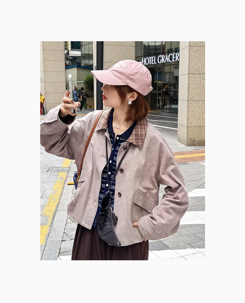 흰 그림 작업장 아빠 스토우 사서함 바 En 바람 체크무늬 배색 칼라 가을 워크웨어 재킷 짧은 외투 상세 이미지 5