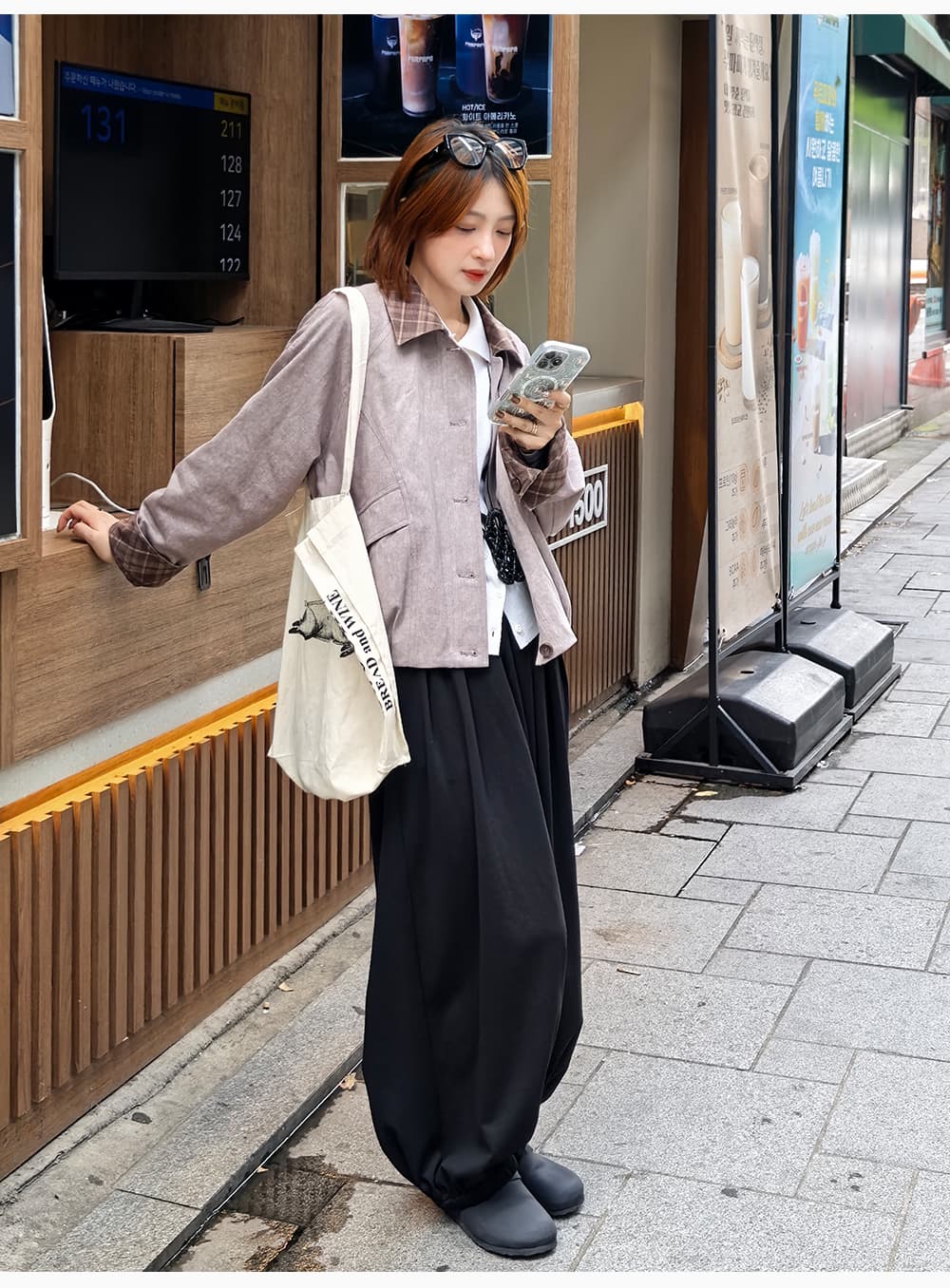 흰 그림 작업장 아빠 스토우 사서함 바 En 바람 체크무늬 배색 칼라 가을 워크웨어 재킷 짧은 외투 상세 이미지 6