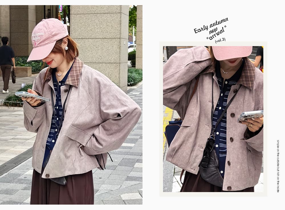 흰 그림 작업장 아빠 스토우 사서함 바 En 바람 체크무늬 배색 칼라 가을 워크웨어 재킷 짧은 외투 상세 이미지 8