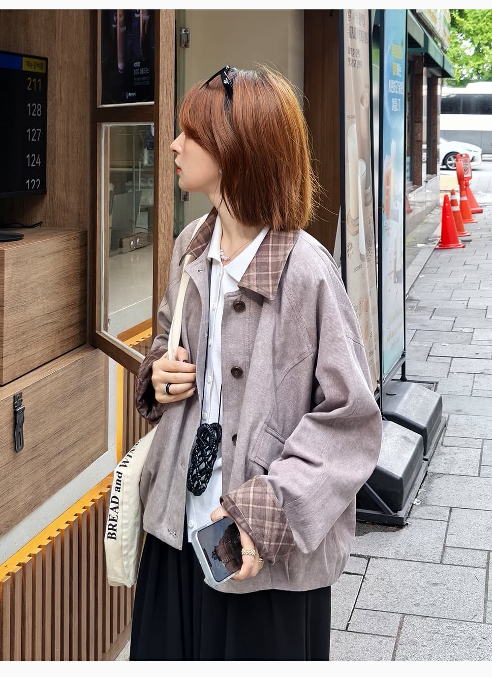 흰 그림 작업장 아빠 스토우 사서함 바 En 바람 체크무늬 배색 칼라 가을 워크웨어 재킷 짧은 외투 상세 이미지 9