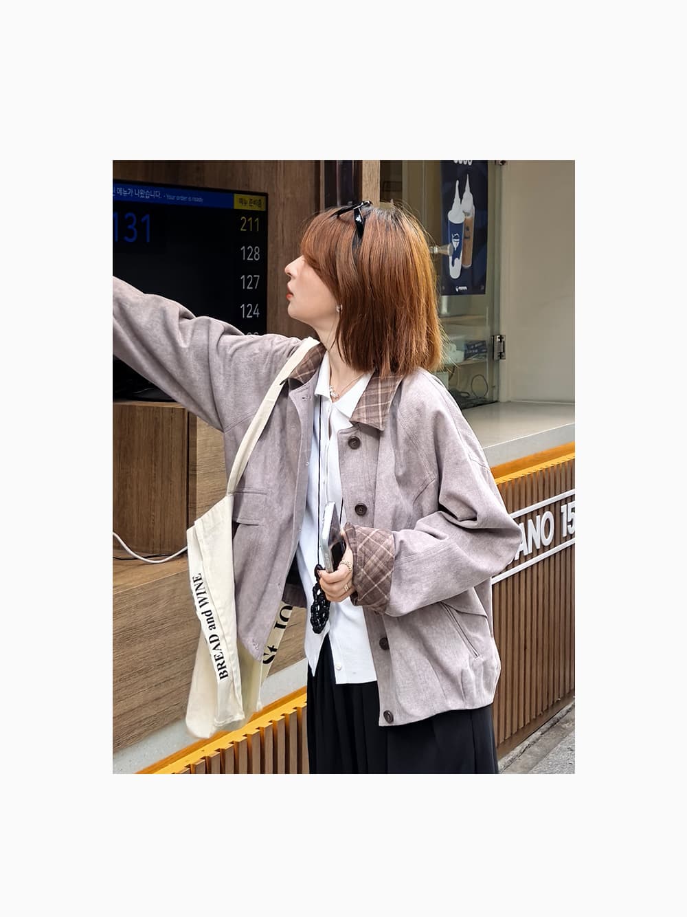 흰 그림 작업장 아빠 스토우 사서함 바 En 바람 체크무늬 배색 칼라 가을 워크웨어 재킷 짧은 외투 상세 이미지 10
