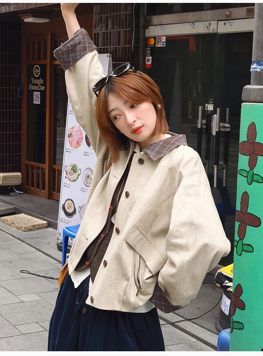 흰 그림 작업장 아빠 스토우 사서함 바 En 바람 체크무늬 배색 칼라 가을 워크웨어 재킷 짧은 외투 상세 이미지 19