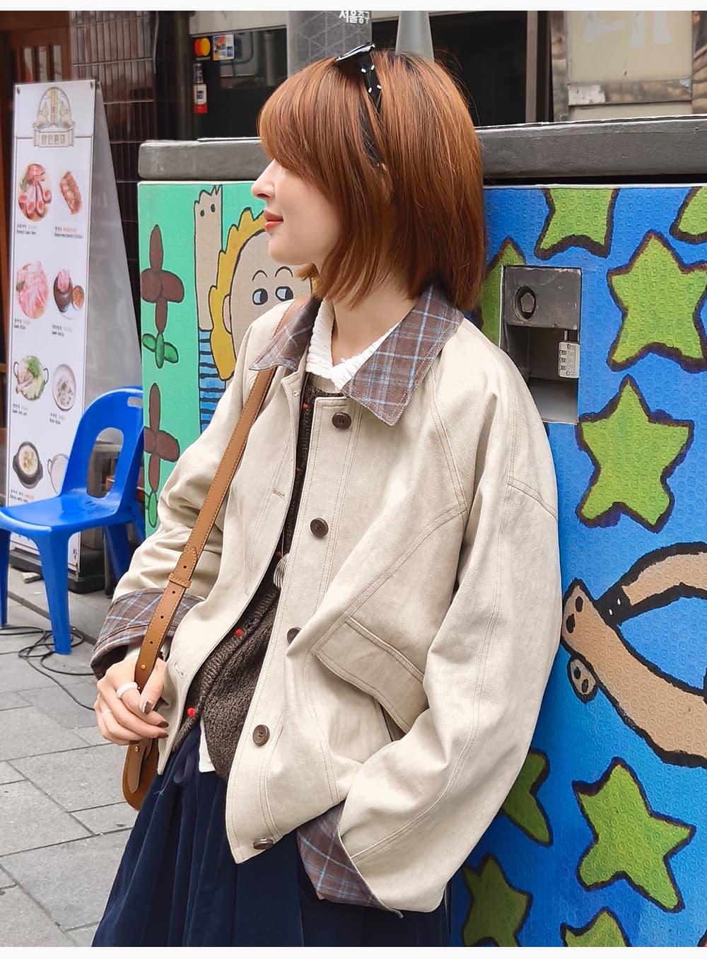 흰 그림 작업장 아빠 스토우 사서함 바 En 바람 체크무늬 배색 칼라 가을 워크웨어 재킷 짧은 외투 상세 이미지 21