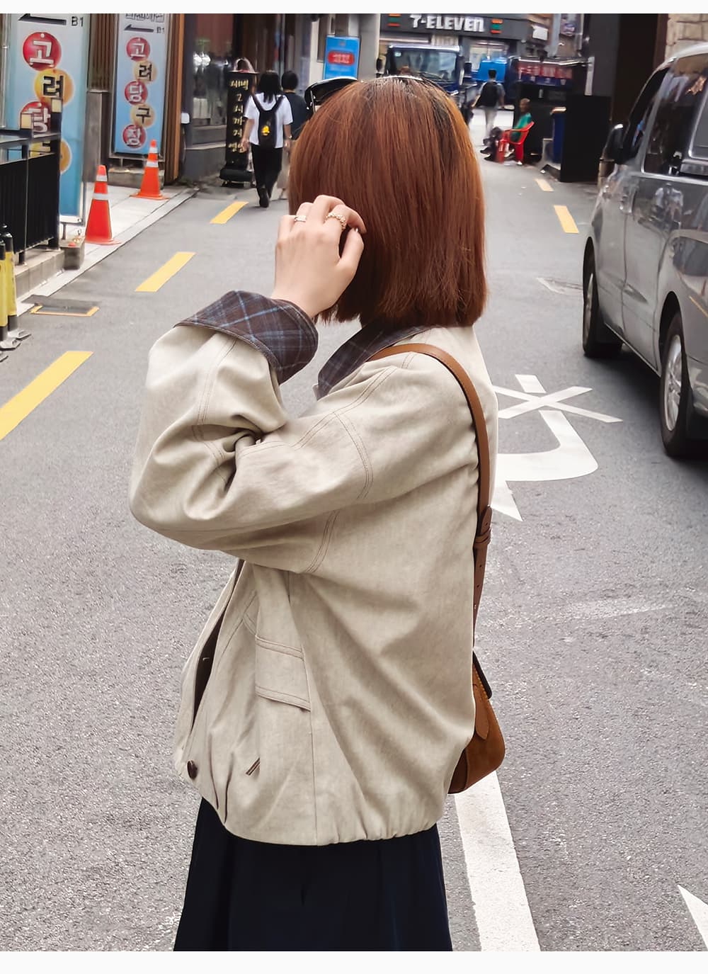 흰 그림 작업장 아빠 스토우 사서함 바 En 바람 체크무늬 배색 칼라 가을 워크웨어 재킷 짧은 외투 상세 이미지 24