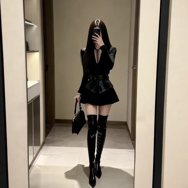 핫걸 바람 검정색 V넥 튀김 거리 레이스업 허리 수축 맨위 한 마디 플리츠 미니 스커트 투피스 세트 가을 겨울 고급 센스 세트 상세 이미지 5
