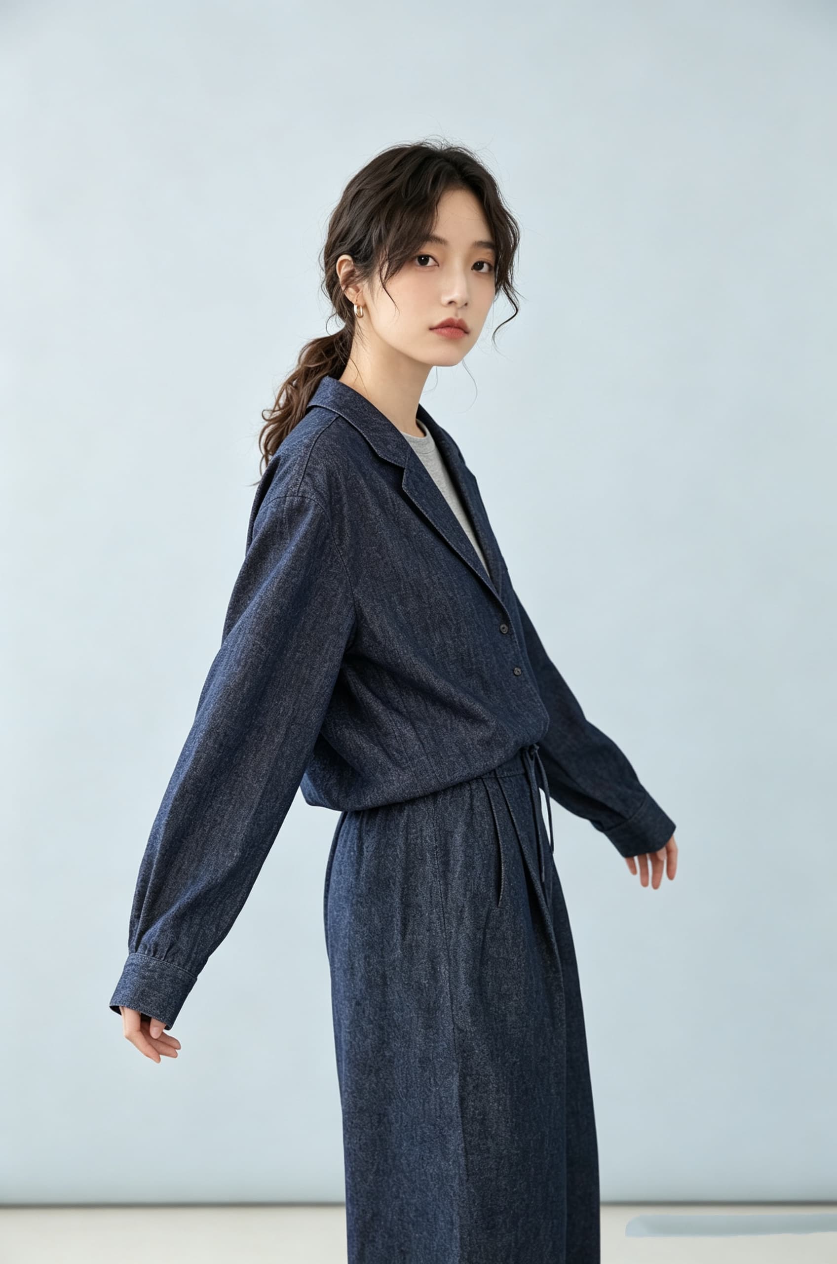 리넨 면화 데님 세트 페이크 레이어드 재킷 넓은 다리 길이 바지 상세 이미지 5