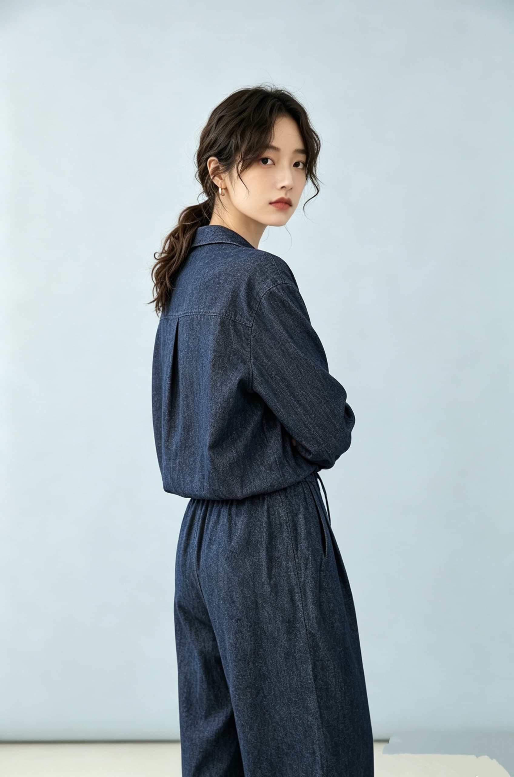 리넨 면화 데님 세트 페이크 레이어드 재킷 넓은 다리 길이 바지 상세 이미지 6