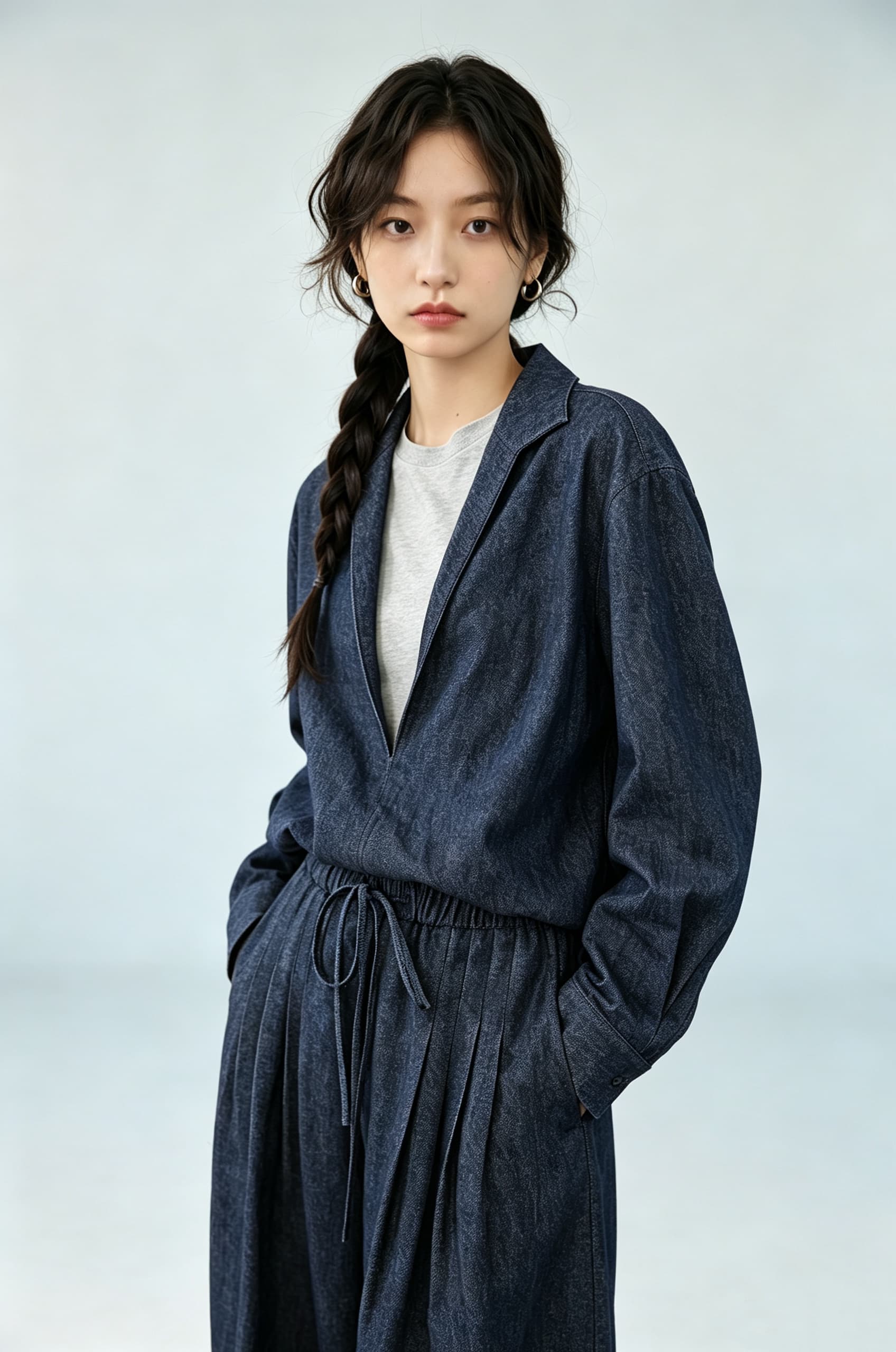 리넨 면화 데님 세트 페이크 레이어드 재킷 넓은 다리 길이 바지 상세 이미지 7