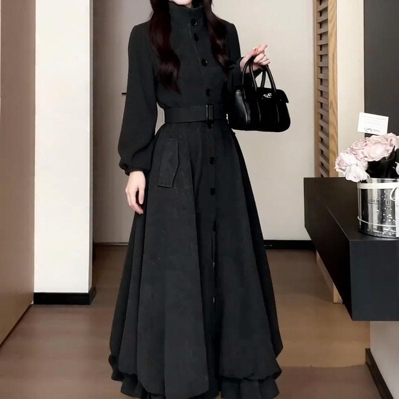 프랑스식 스탠드 칼라 긴팔 여성 드레스 가을 새로운 허리 수축 슬림해 보이는 한 마디 롱 스커트 고급 센스 품격 상세 이미지 3