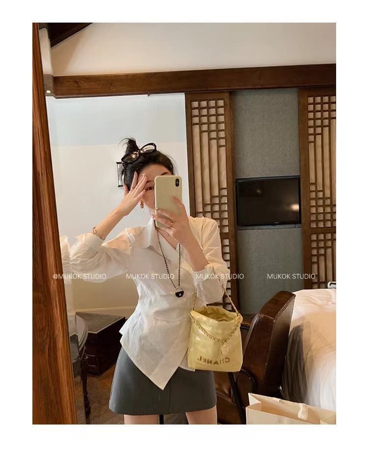 새로운 한국 스타일 패션 디자인 센스 불규칙 허리 수축 슬림해 보이는 세련된 스트라이프 셔츠 상세 이미지 3