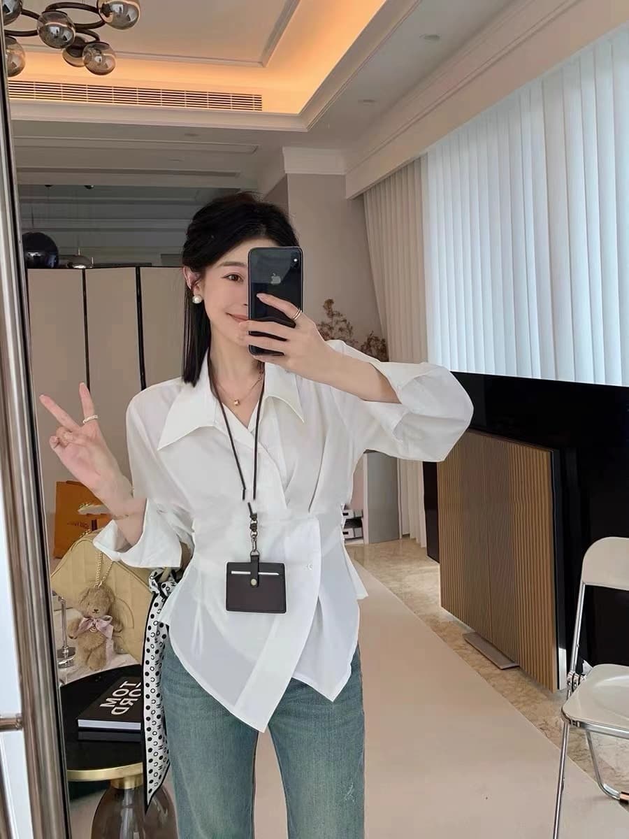 새로운 한국 스타일 패션 디자인 센스 불규칙 허리 수축 슬림해 보이는 세련된 스트라이프 셔츠 상세 이미지 9