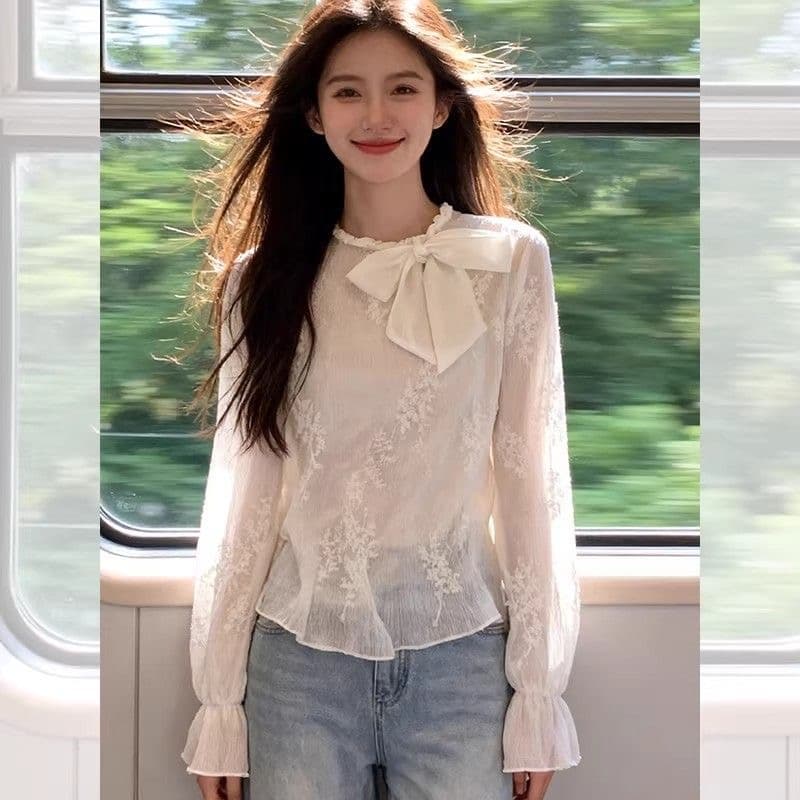 레이스업 허리 수축 폴로 칼라 여성 셔츠 스카프 벨트 디자인 센스 작은 대중 루즈핏 슬림해 보이는 출퇴근 긴팔 맨위 이미지 2