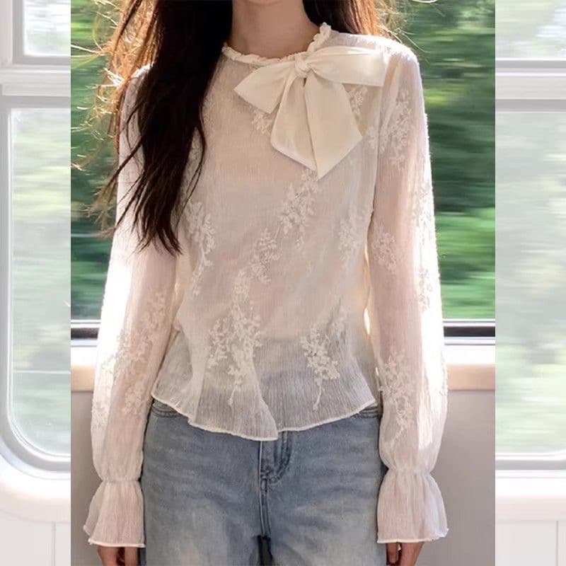 레이스업 허리 수축 폴로 칼라 여성 셔츠 스카프 벨트 디자인 센스 작은 대중 루즈핏 슬림해 보이는 출퇴근 긴팔 맨위 상세 이미지 2