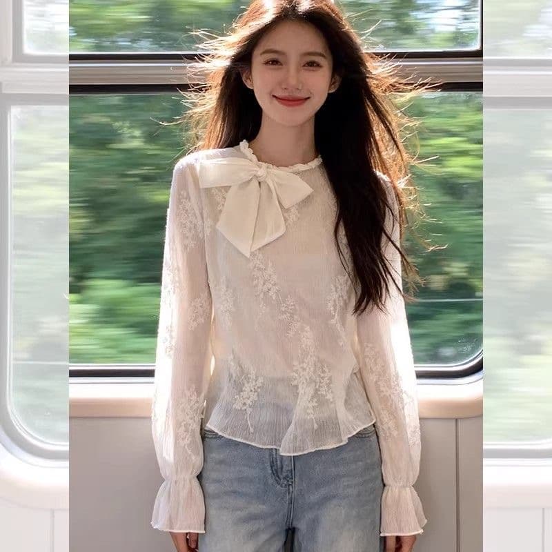 레이스업 허리 수축 폴로 칼라 여성 셔츠 스카프 벨트 디자인 센스 작은 대중 루즈핏 슬림해 보이는 출퇴근 긴팔 맨위 상세 이미지 4