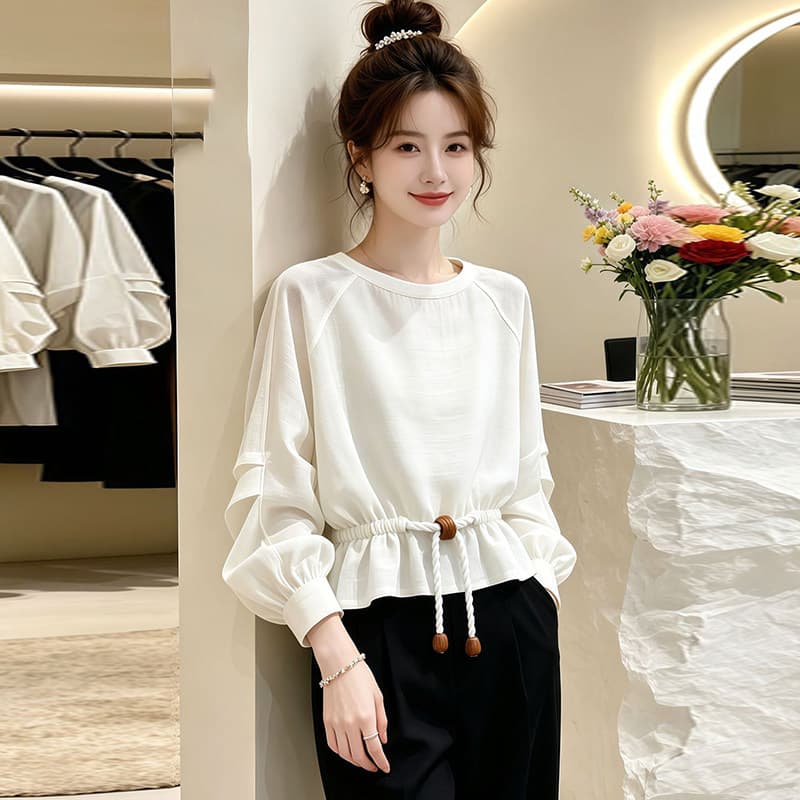 패션 라운드 넥 긴팔 티셔츠 여성 가을 새로운 외국 가스 루즈핏 펌프 로프 허리 수축 슬림해 보이는 디자인 센스 맨위 이미지 3